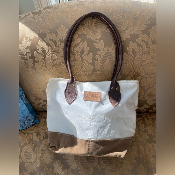 Sea Bags Handbags - Sea Bags Chebeague Tote Recycled Sailcloth Leather Tan Waxed Canvas Made in USA
